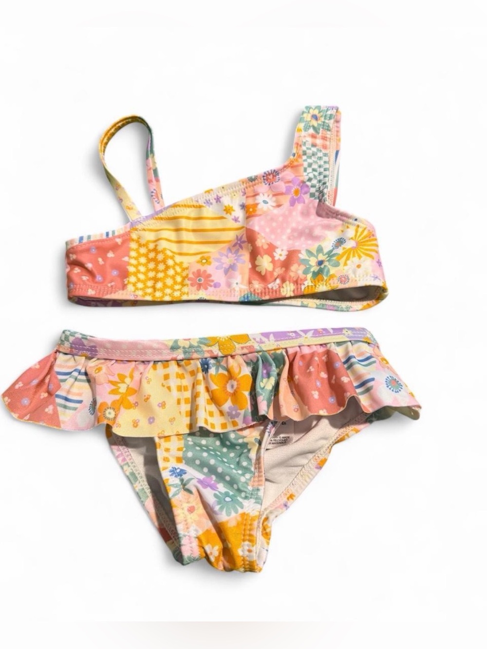 Kids Floral Patchwork Two-Piece Swimsuit - Pink & Yellow